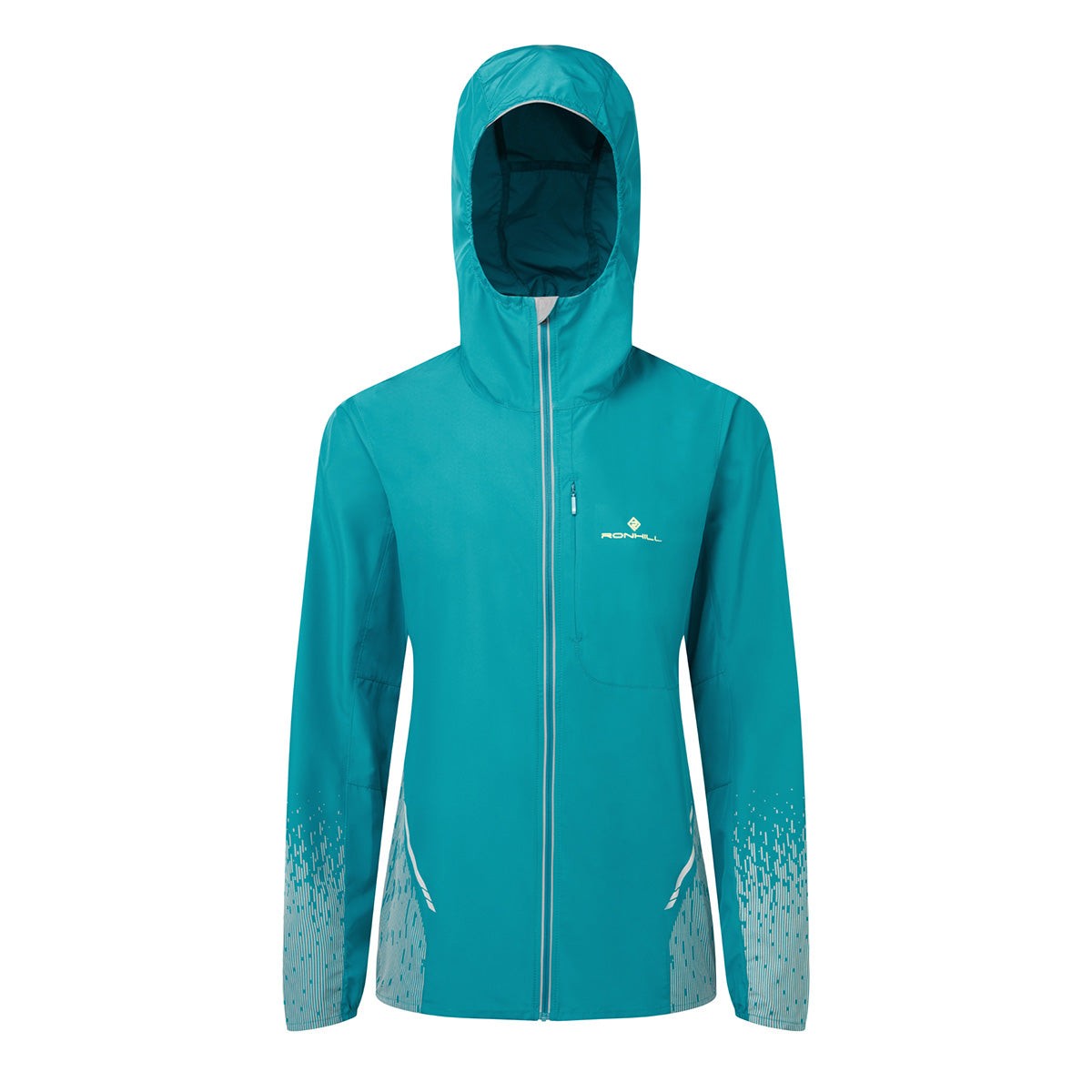 Light blue Ronhill Tech Reflect Jacket for women, featuring a hood, zip closure, reflective detailing on sleeves, and a sleek, lightweight design, size 16.