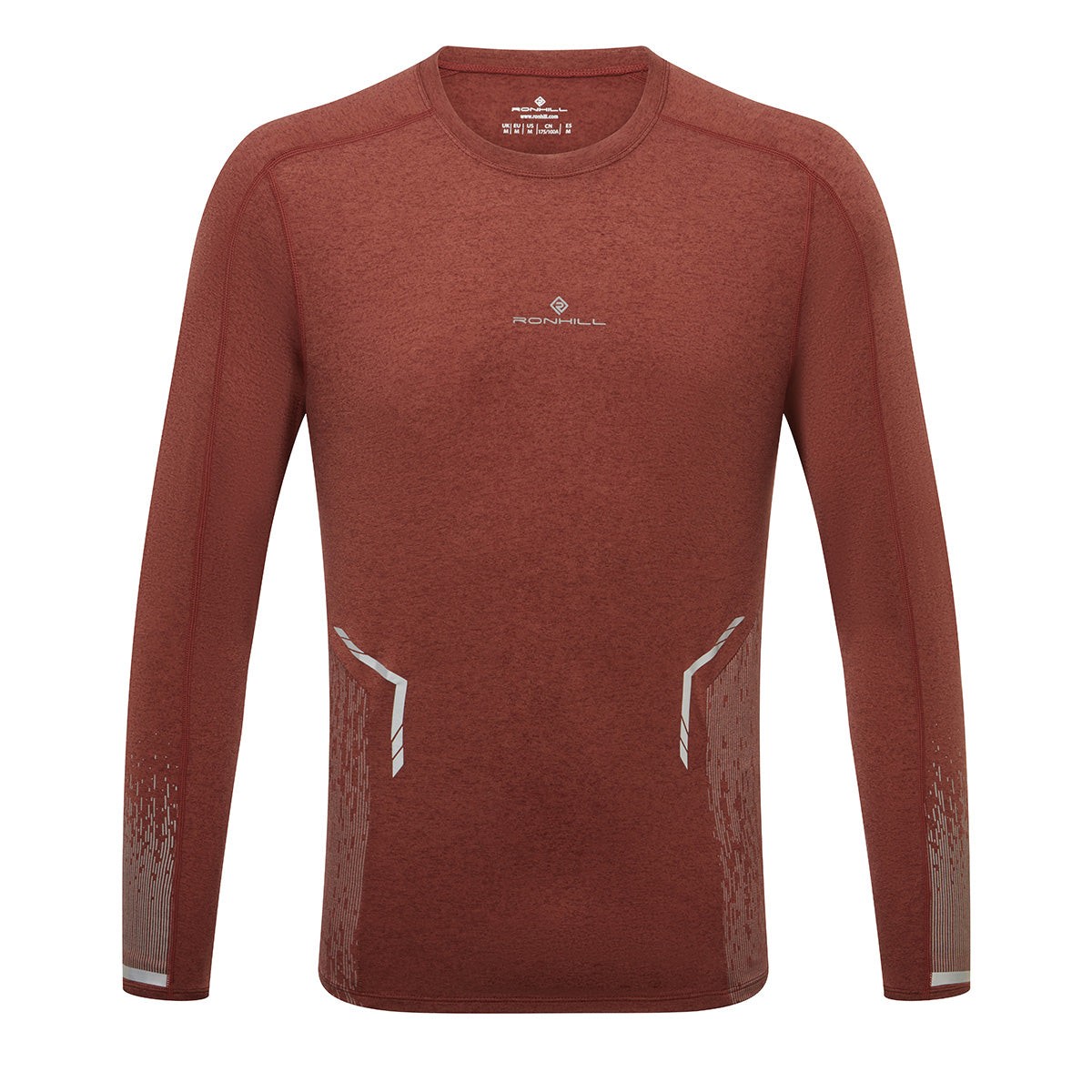 Long-sleeve men's running tee in chestnut marl with reflective detailing on the sides, made from lightweight, moisture-wicking material, size XL.