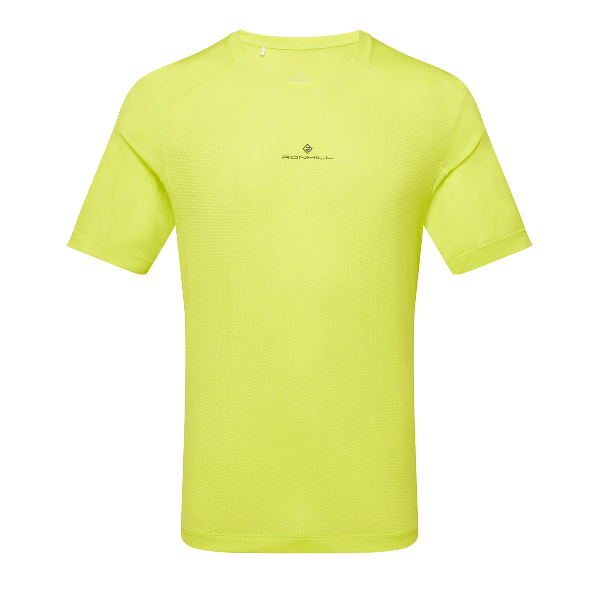 Bright acid yellow short sleeve tee made from lightweight material, featuring a round neckline and Ronhill logo on the chest, available in size XL.