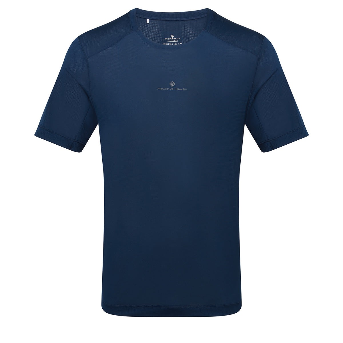 Dark navy short sleeve tee for men by Ronhill, made from lightweight material, featuring a round neckline and subtle logo on the front. Size XL.
