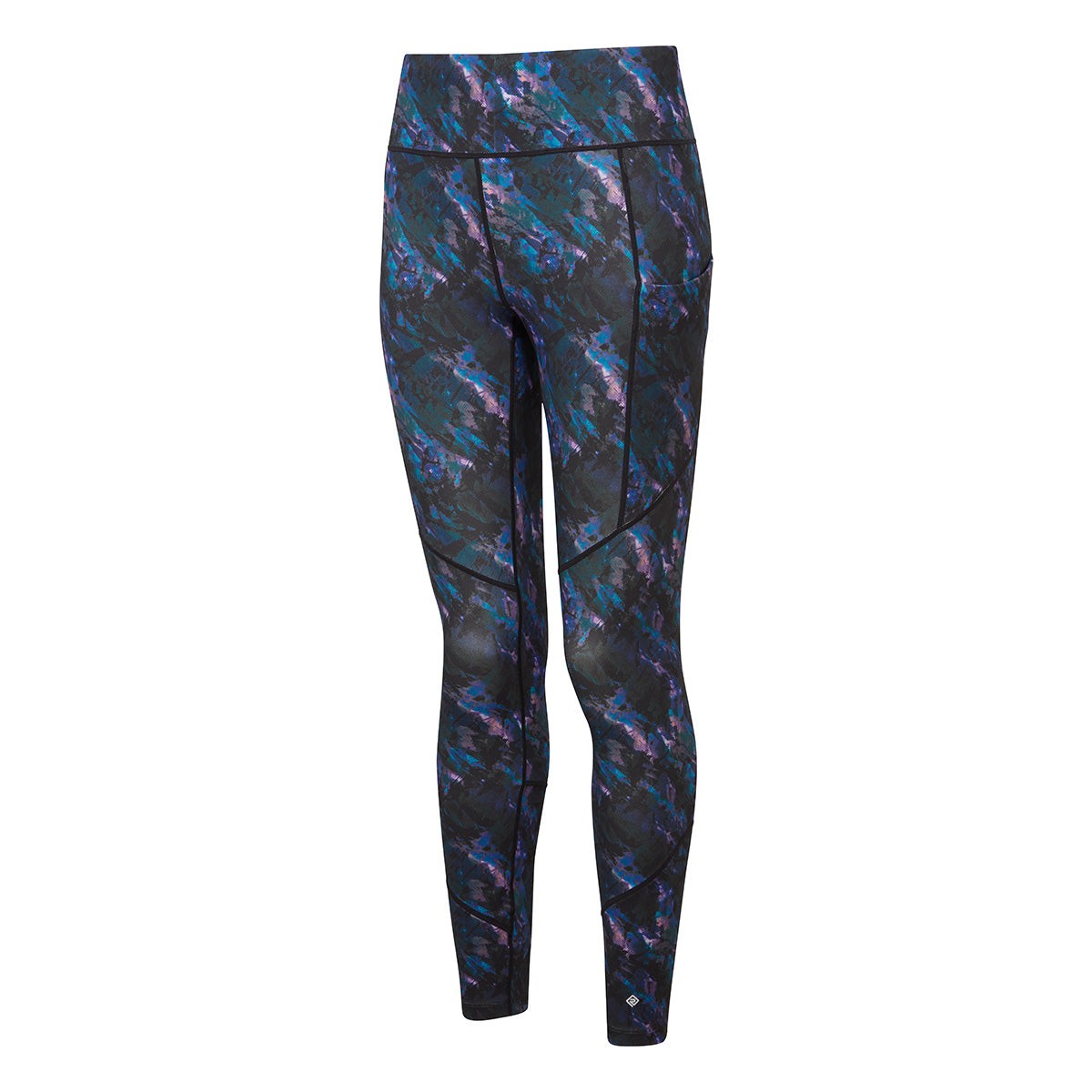 Women's Ronhill Tech Tight in Cosmic Multi, featuring a vibrant abstract pattern in shades of blue, purple, and black, made from stretchy, moisture-wicking material.
