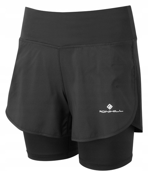 All-black Ronhill Tech Twin 4.5" women's shorts featuring a layered design with a smooth outer layer and fitted inner shorts, made from lightweight, breathable fabric.