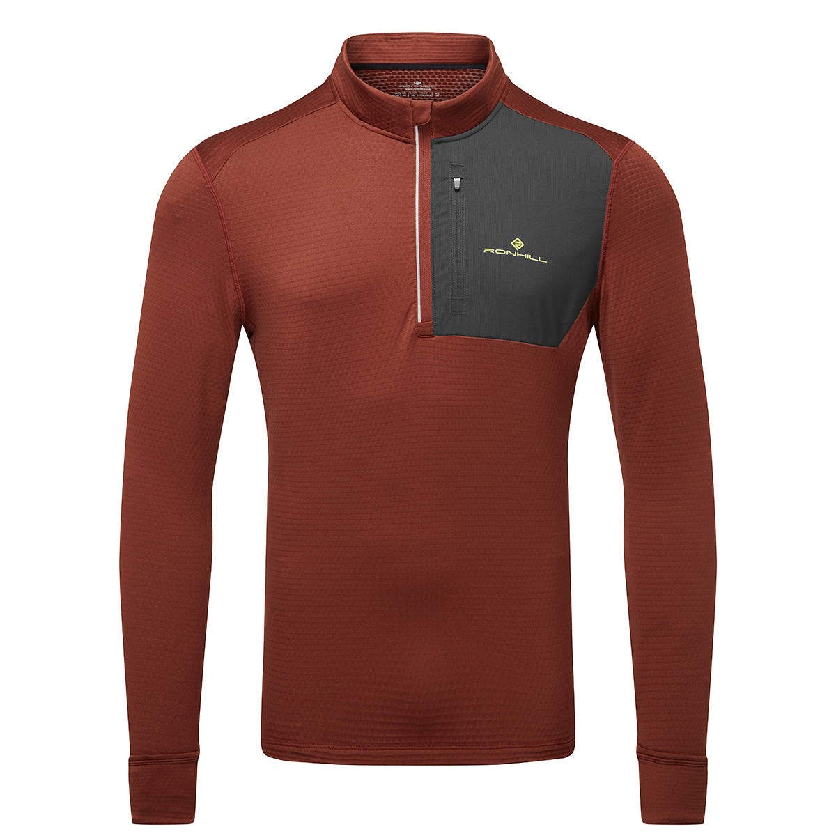 Brown long-sleeve half-zip pullover featuring a black chest pocket, textured fabric, and reflective logo detail, designed for winter activities.
