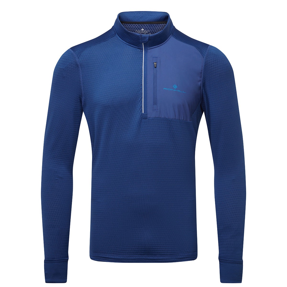 Men's Ronhill Tech Winter 1/2 Zip in Ocean and Electric Blue, featuring a zippered collar, long sleeves, textured fabric, and a chest pocket. Size: Small.