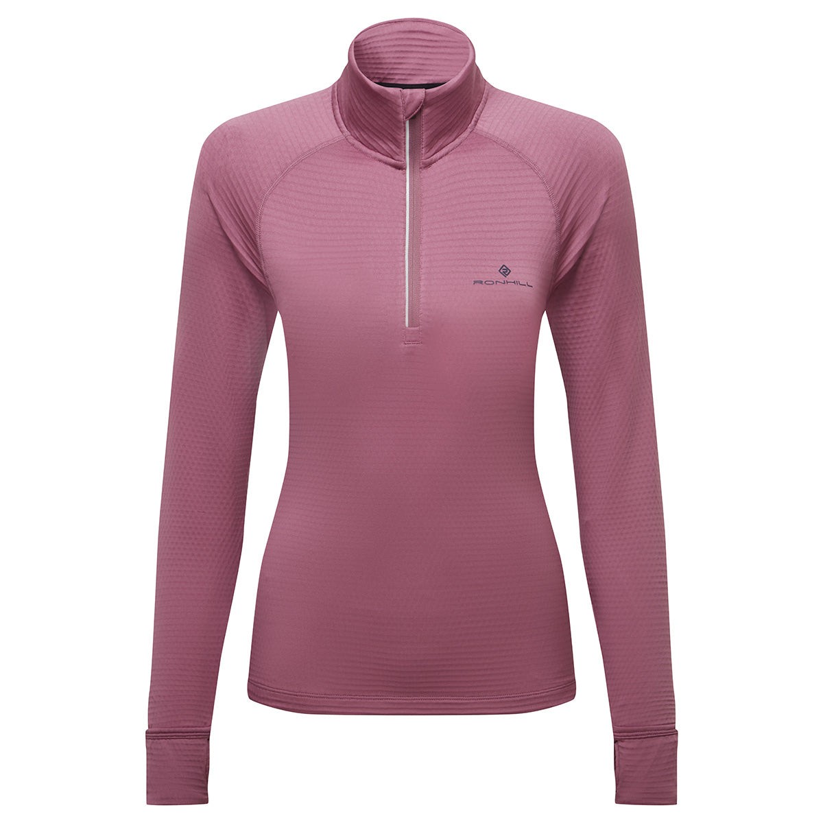 Dusty tulip and dark navy long-sleeve women's half-zip top by Ronhill, featuring a textured fabric, high collar, and a slim fit, size XL.