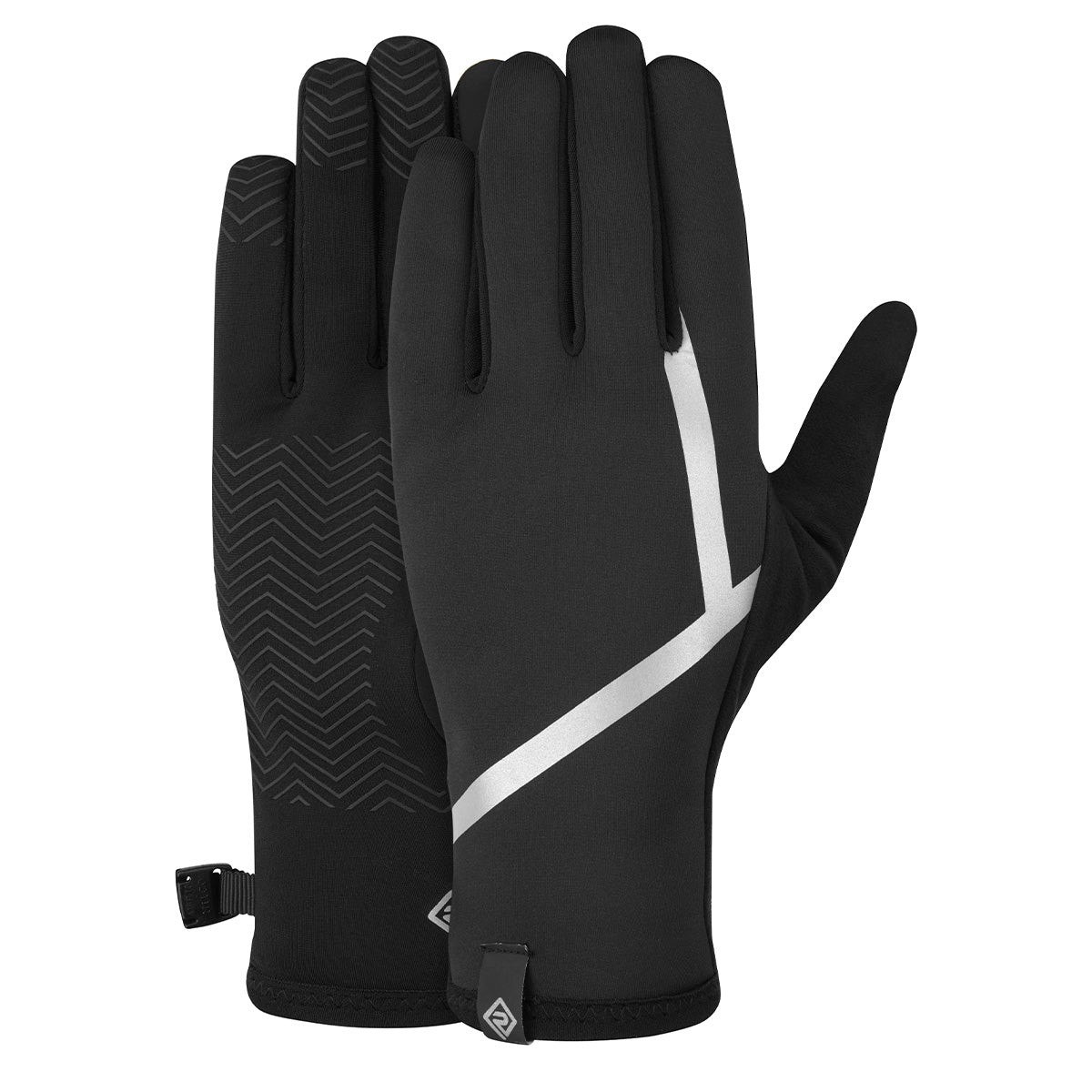 Black Ronhill Wind-Block gloves in size small, featuring a sleek design with a reflective stripe and textured grip on the palm for enhanced traction.