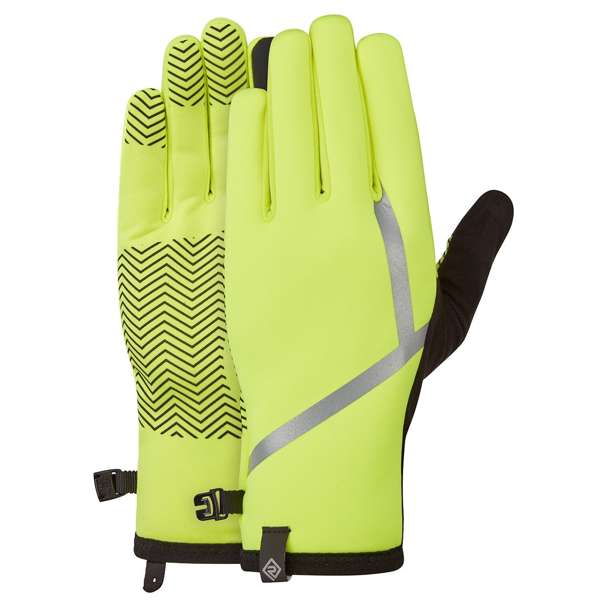 Fluo yellow wind-block gloves with a black grip palm, featuring a reflective stripe and textured grip pattern on the back for enhanced visibility and performance.
