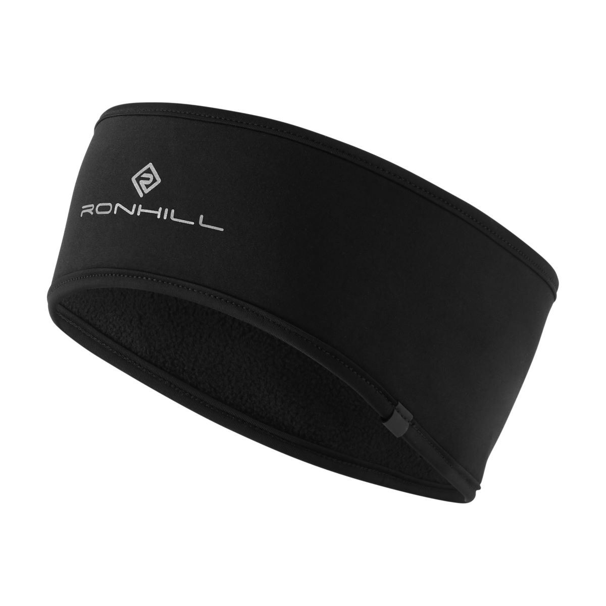 Black Ronhill Wind Block Headband in size S/M, featuring a soft, fleece-lined interior and a sleek design with the Ronhill logo prominently displayed.