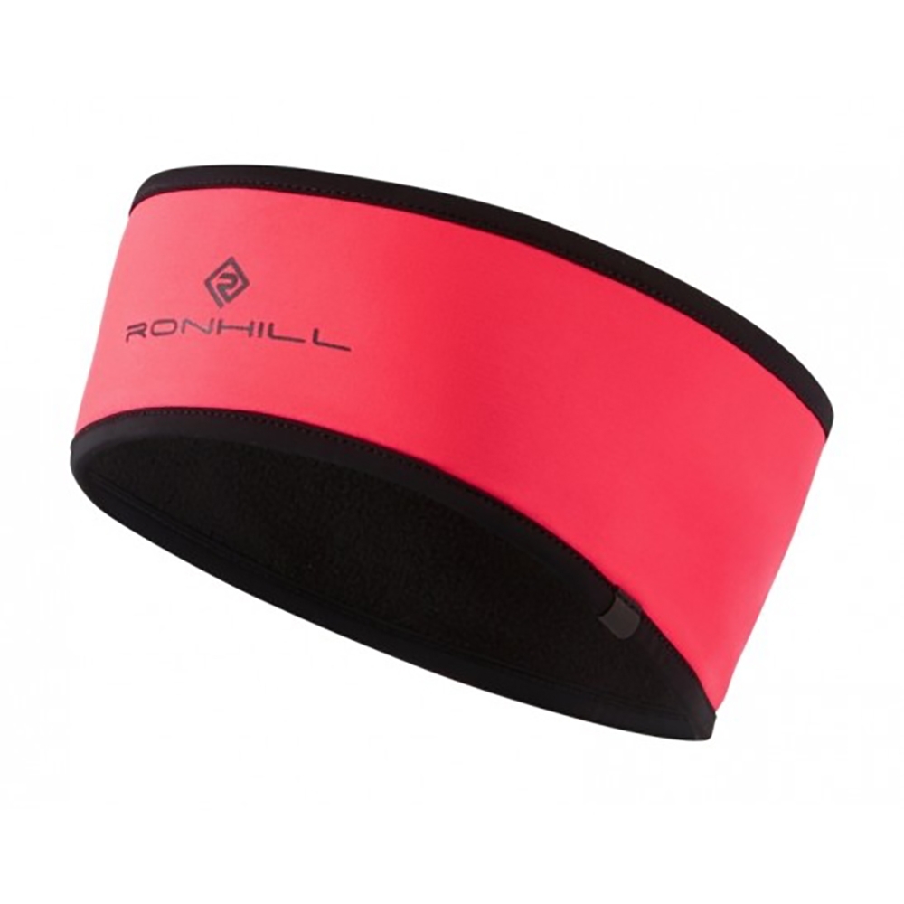 Pink Ronhill Wind Block Headband in size S/M, featuring a smooth exterior, black trim, and the Ronhill logo prominently displayed in black.