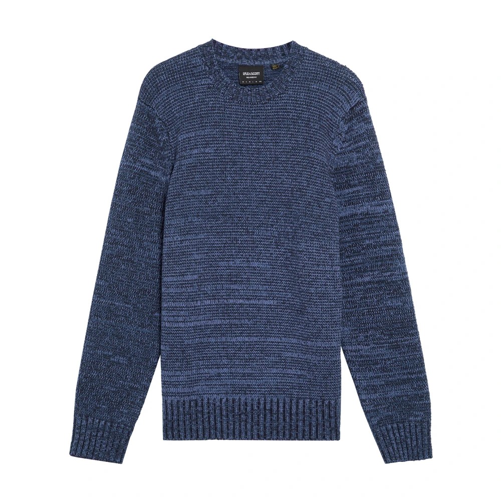 Round neck sweater in multi marl blue tones, featuring a textured knit pattern and ribbed cuffs and hem, by Lyle & Scott.