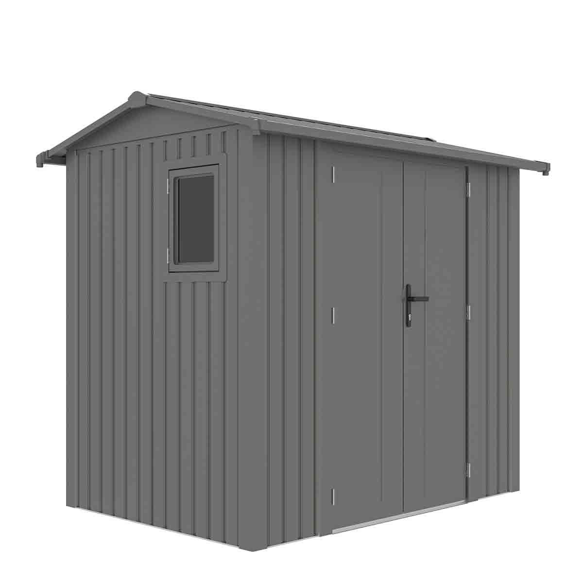 Premium 8 x 6 feet apex shed in metallic grey, made of steel, featuring a single door, a small window, and vertical paneling for durability.