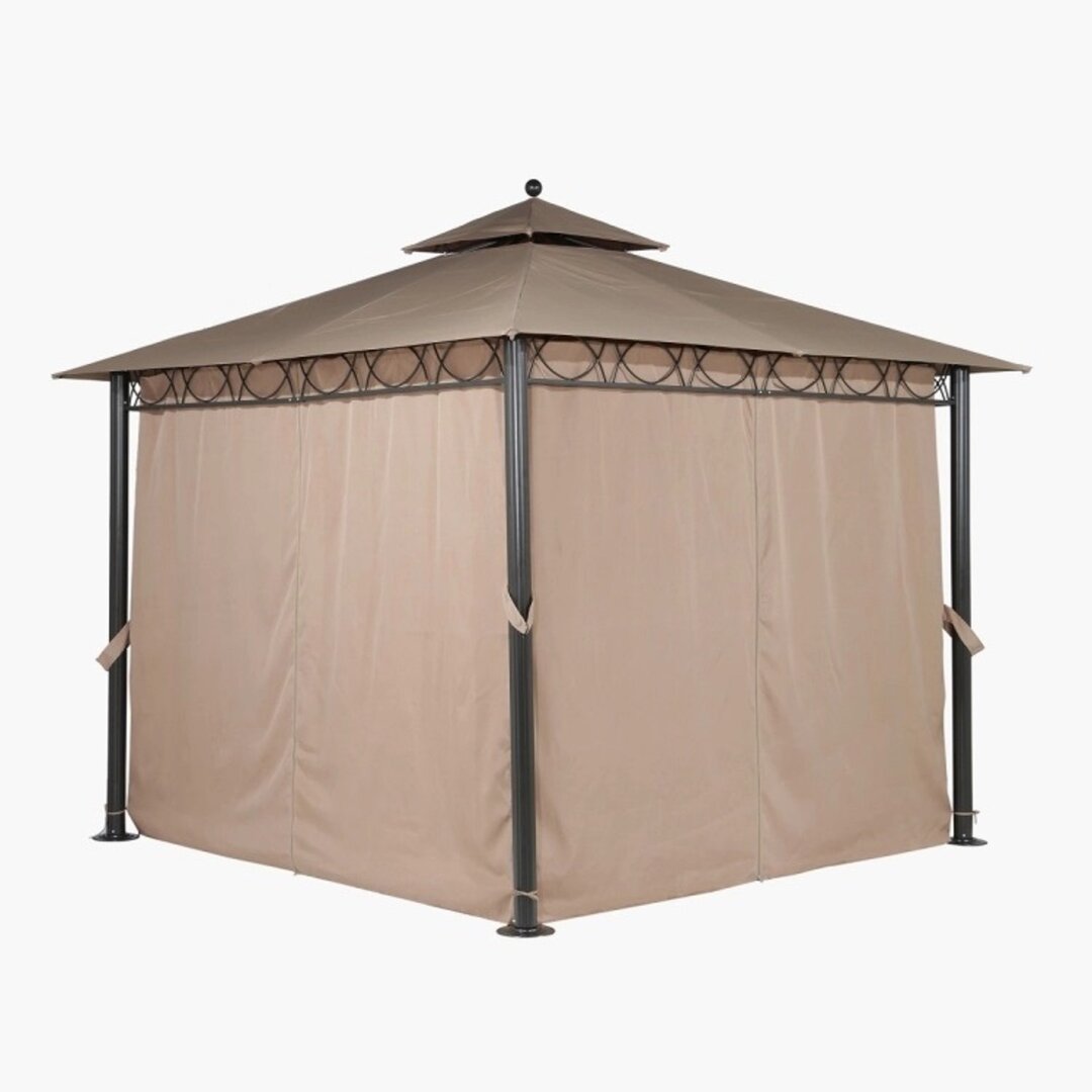 Royalcraft's Dubai 3x3m freestanding gazebo features a beige fabric canopy with a peaked roof, sturdy dark metal frame, and side curtains for privacy and shade.