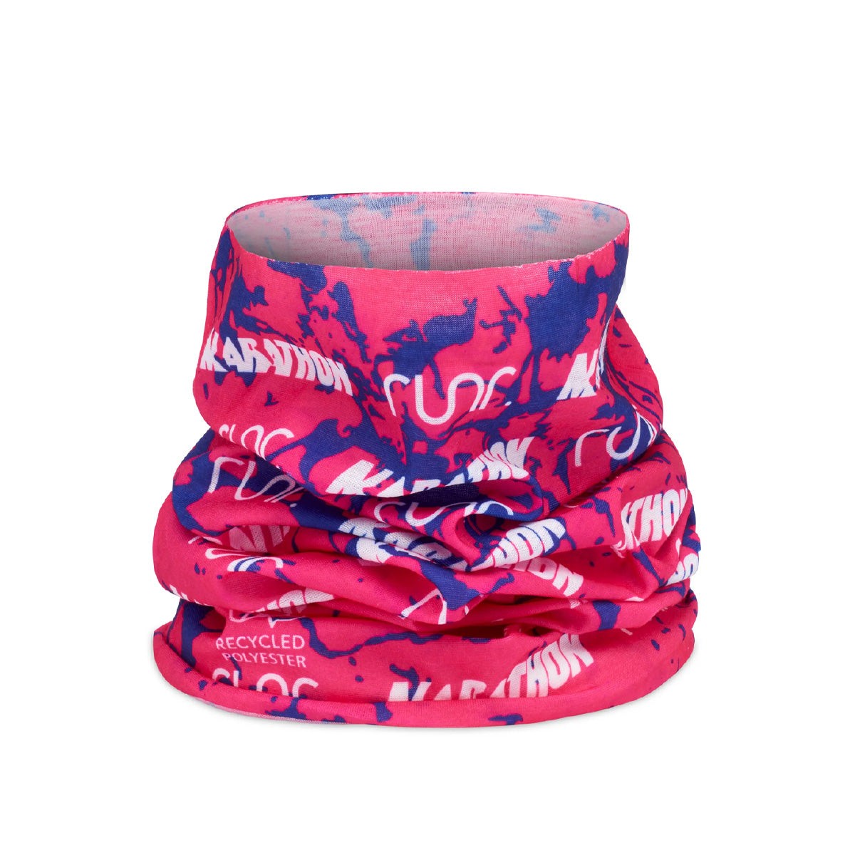 Pink and blue RUNR Snood made from recycled polyester, featuring a marbled design with "MARATHON" text, designed for versatility and comfort in one size.