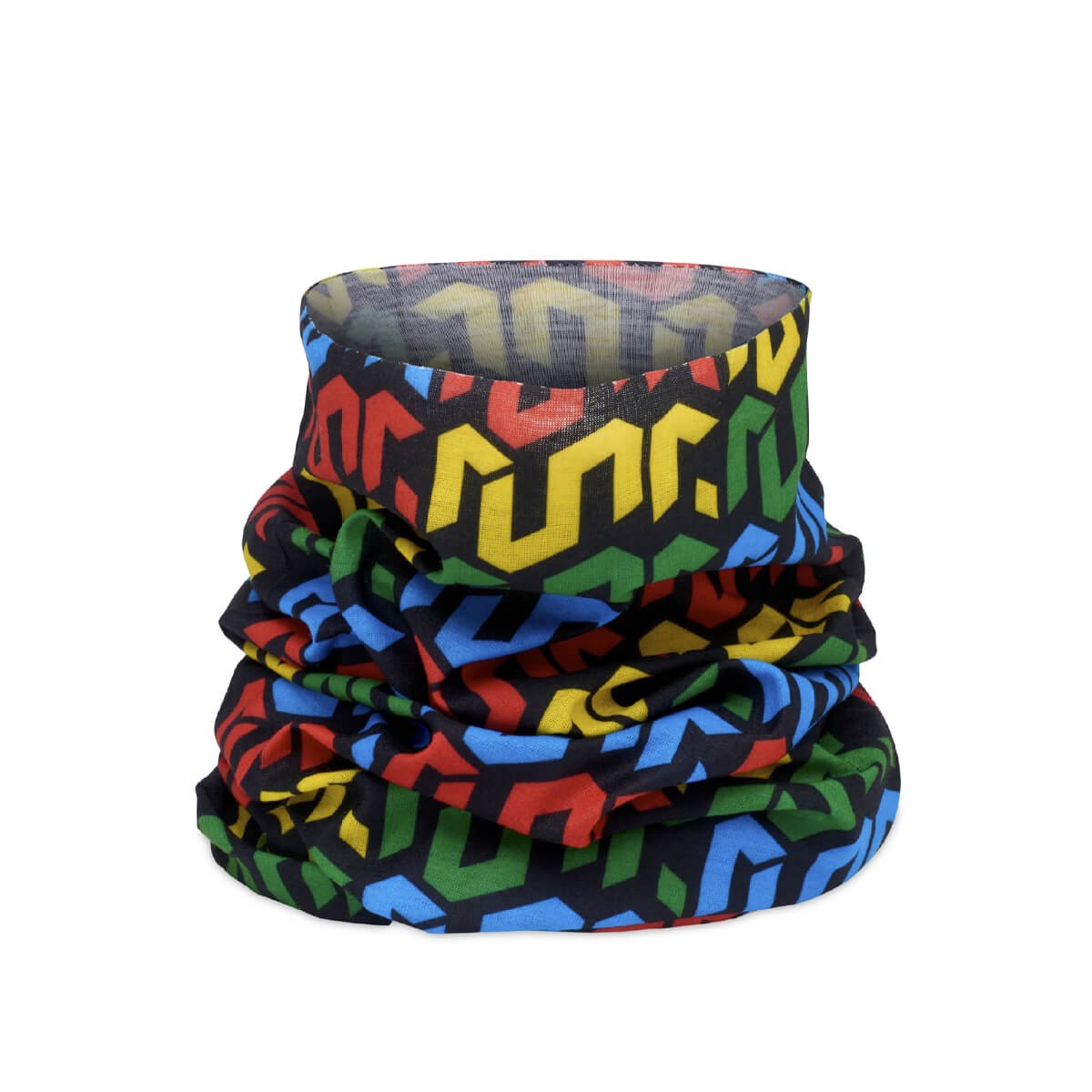 Colorful RUNR Snood in retro geometric patterns featuring vibrant blues, reds, greens, and yellows, made from soft, stretchy material, designed for versatile wear.