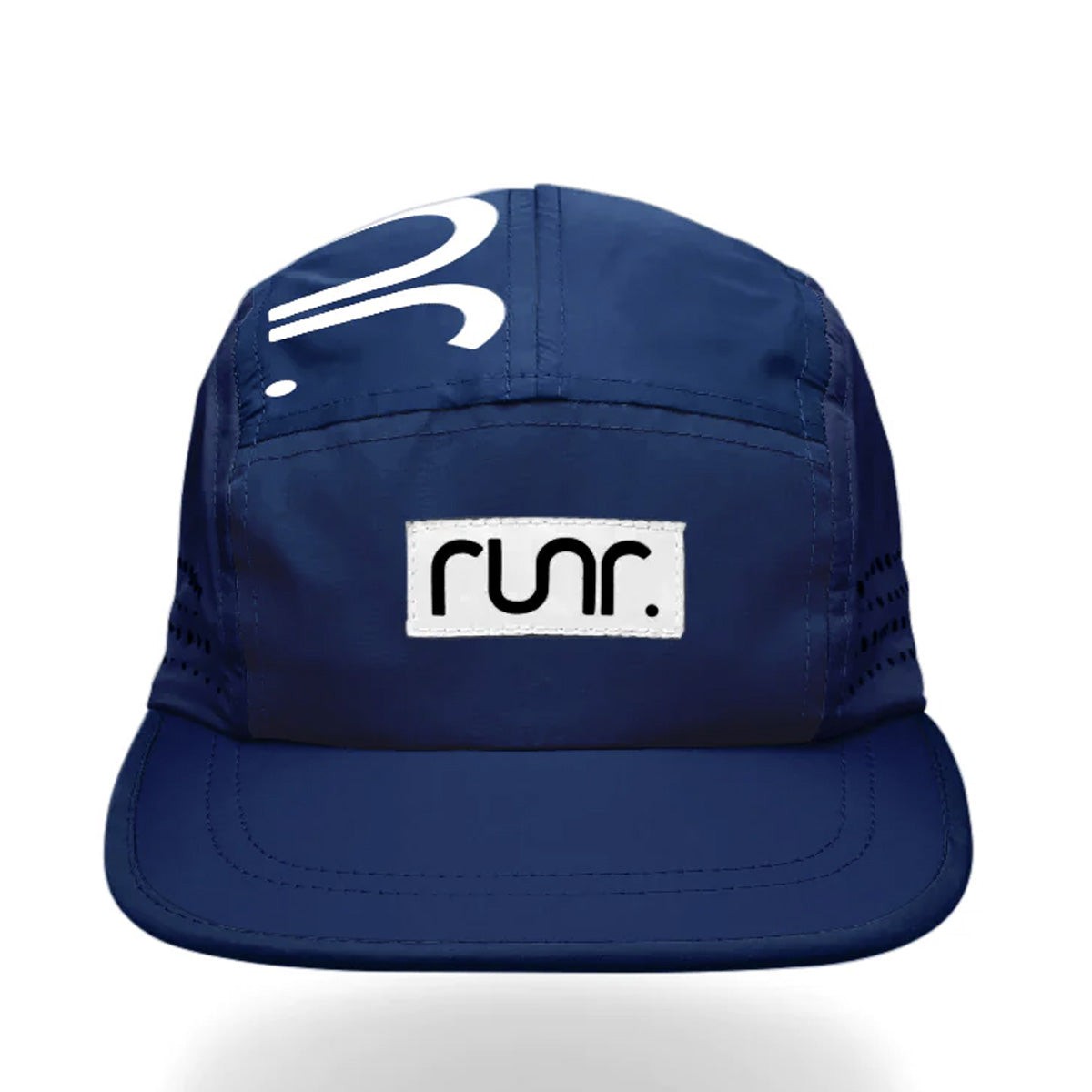 Navy blue RUNR Technical Running Cap features a white logo and a breathable design with perforated side panels, designed for comfort and performance in running.