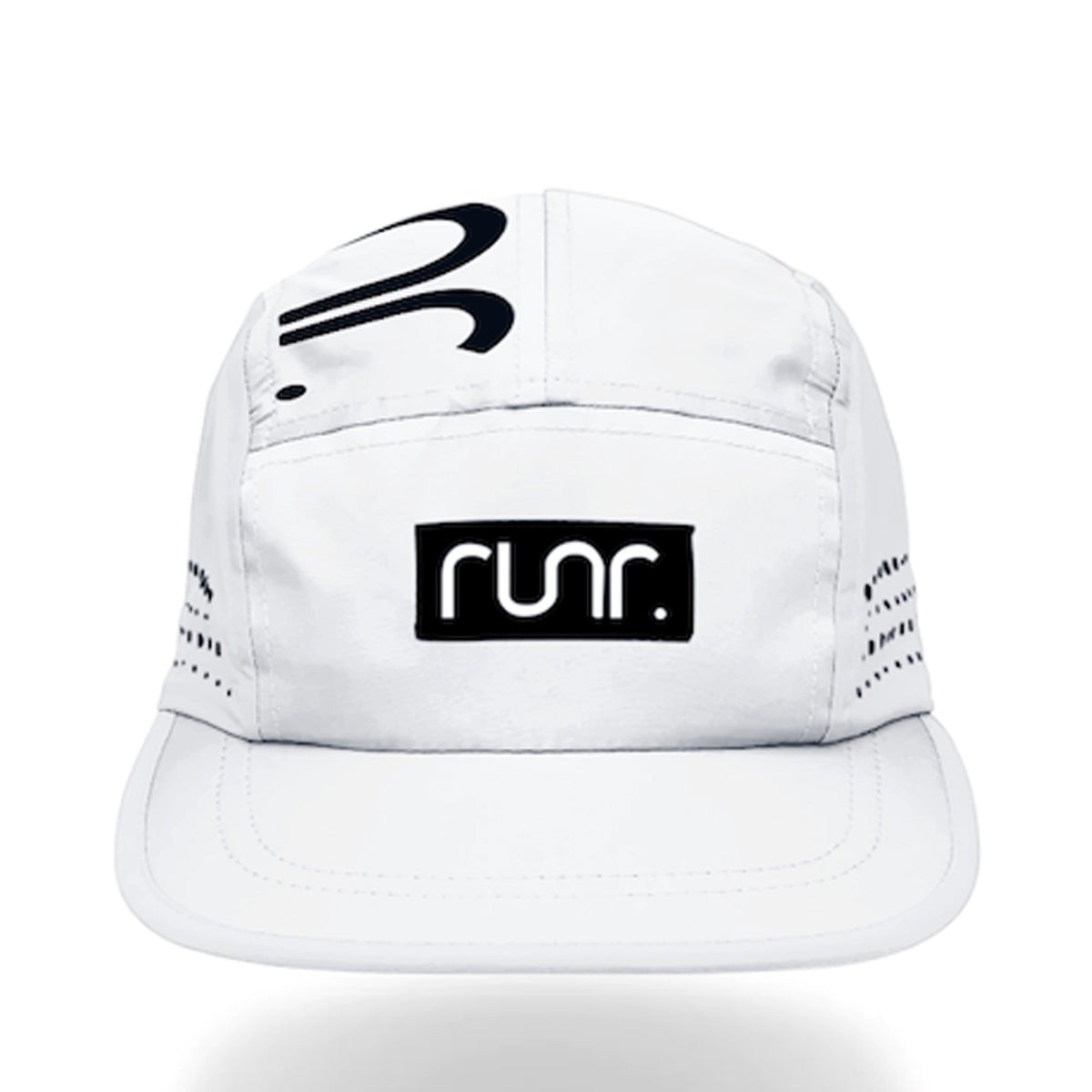 White technical running cap featuring a black "runr." logo on the front, with a sleek design and perforated detailing for breathability, suitable for various head sizes.