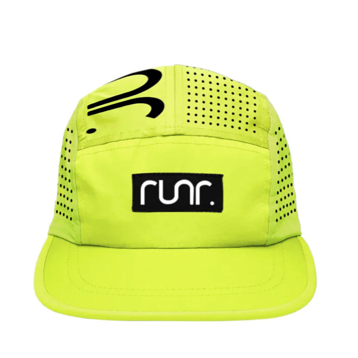Electric yellow technical running cap featuring a breathable design with perforated panels and a black "runr" logo on the front, suitable for one size.