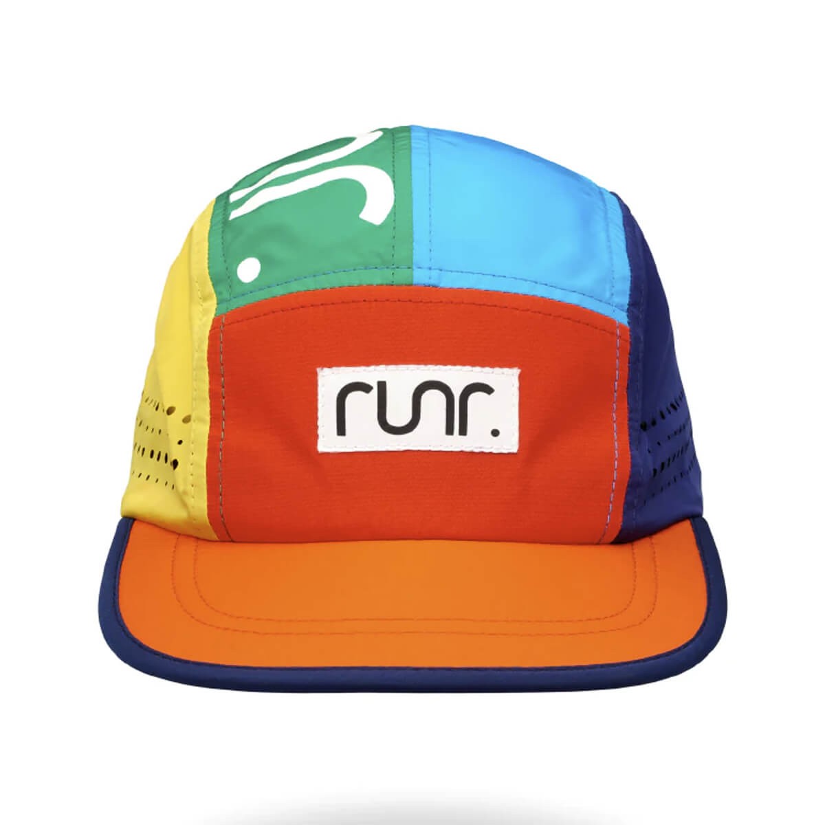 Colorful RUNR Technical Running Cap featuring a mix of green, blue, yellow, and orange panels, made from lightweight material with ventilation holes and a flat brim.