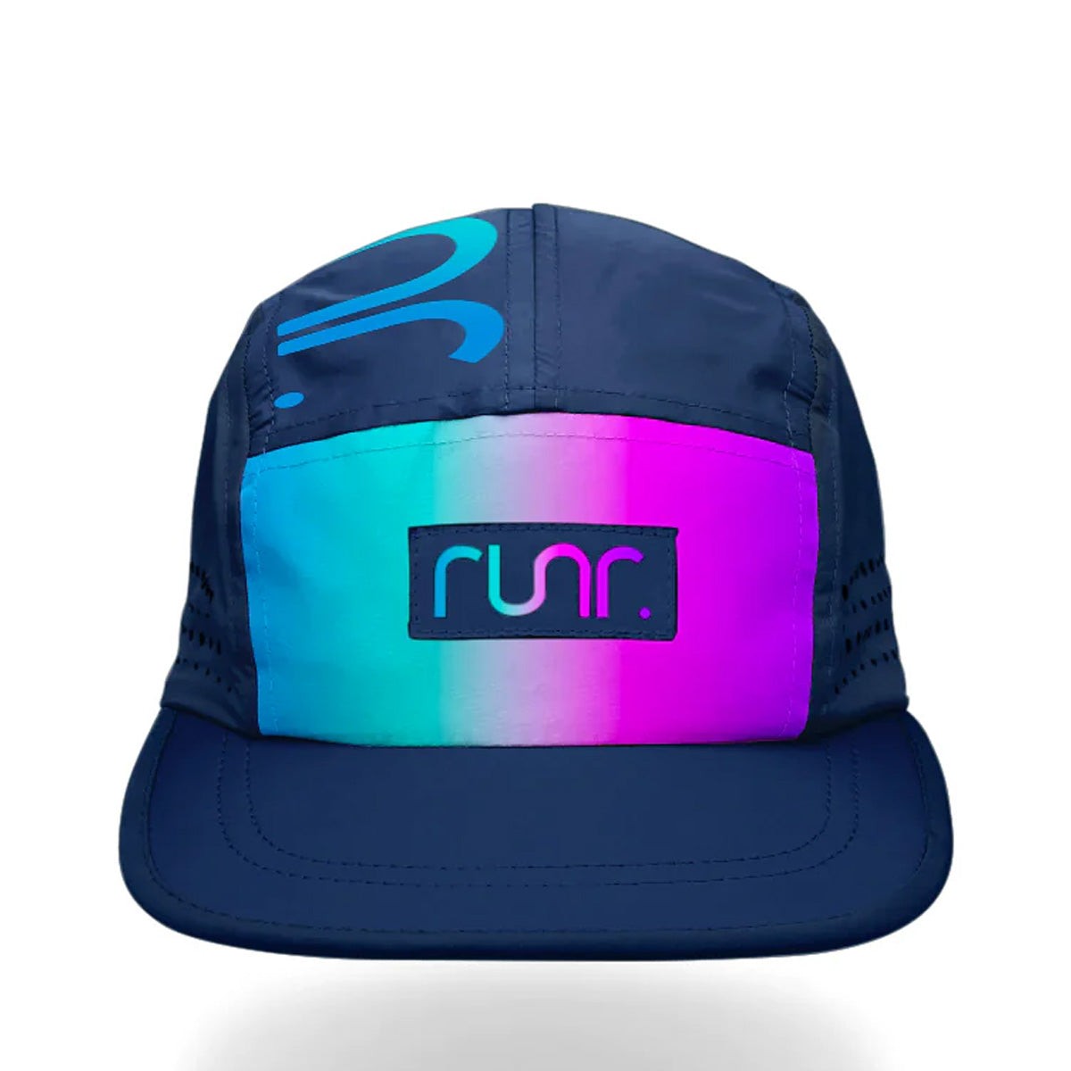 Navy technical running cap featuring a gradient design in pink and blue, with a prominent "runr." logo on the front and ventilation holes on the sides. One size fits all.