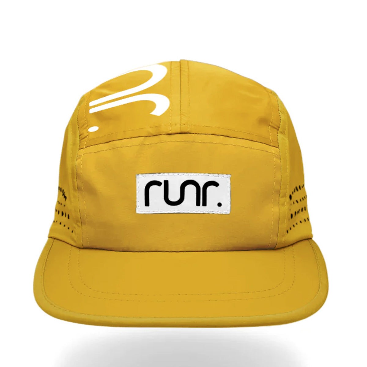 Yellow RUNR Technical Running Cap featuring a white logo and perforated side panels for breathability, designed for comfort and performance in one size.