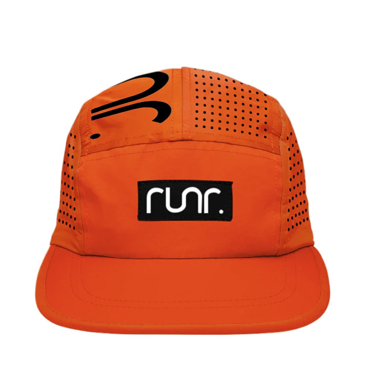 Midnight orange technical running cap by Runr featuring a breathable design with perforations, a black logo patch on the front, and a curved brim.