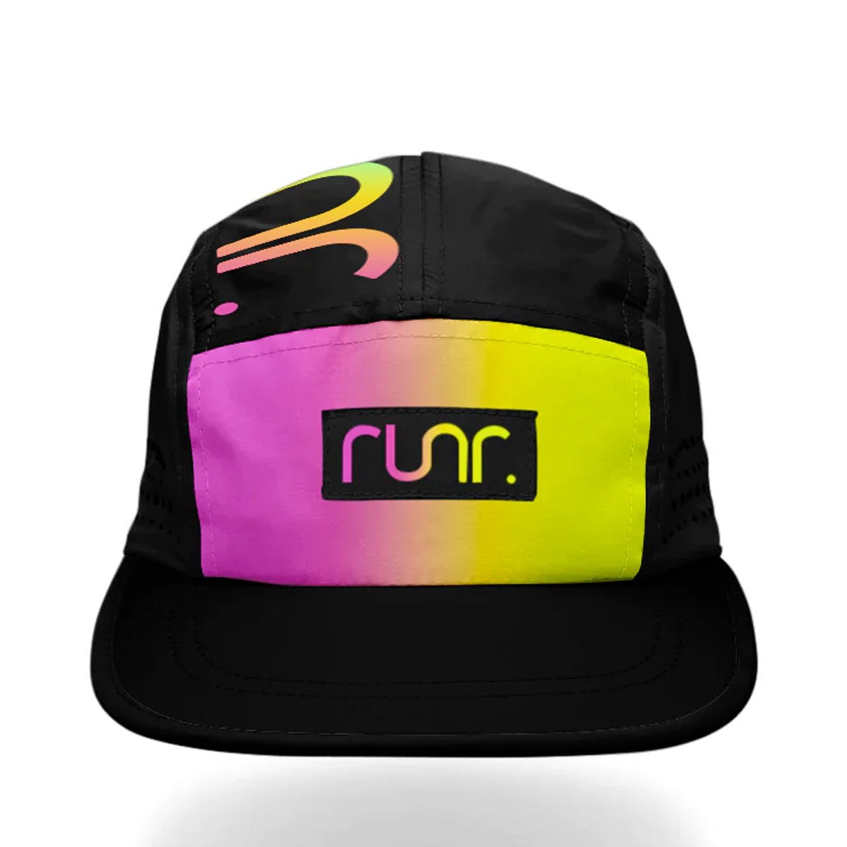 Black running cap featuring a vibrant gradient design transitioning from yellow to pink, with a prominent "runr" logo on the front and a lightweight, breathable material.