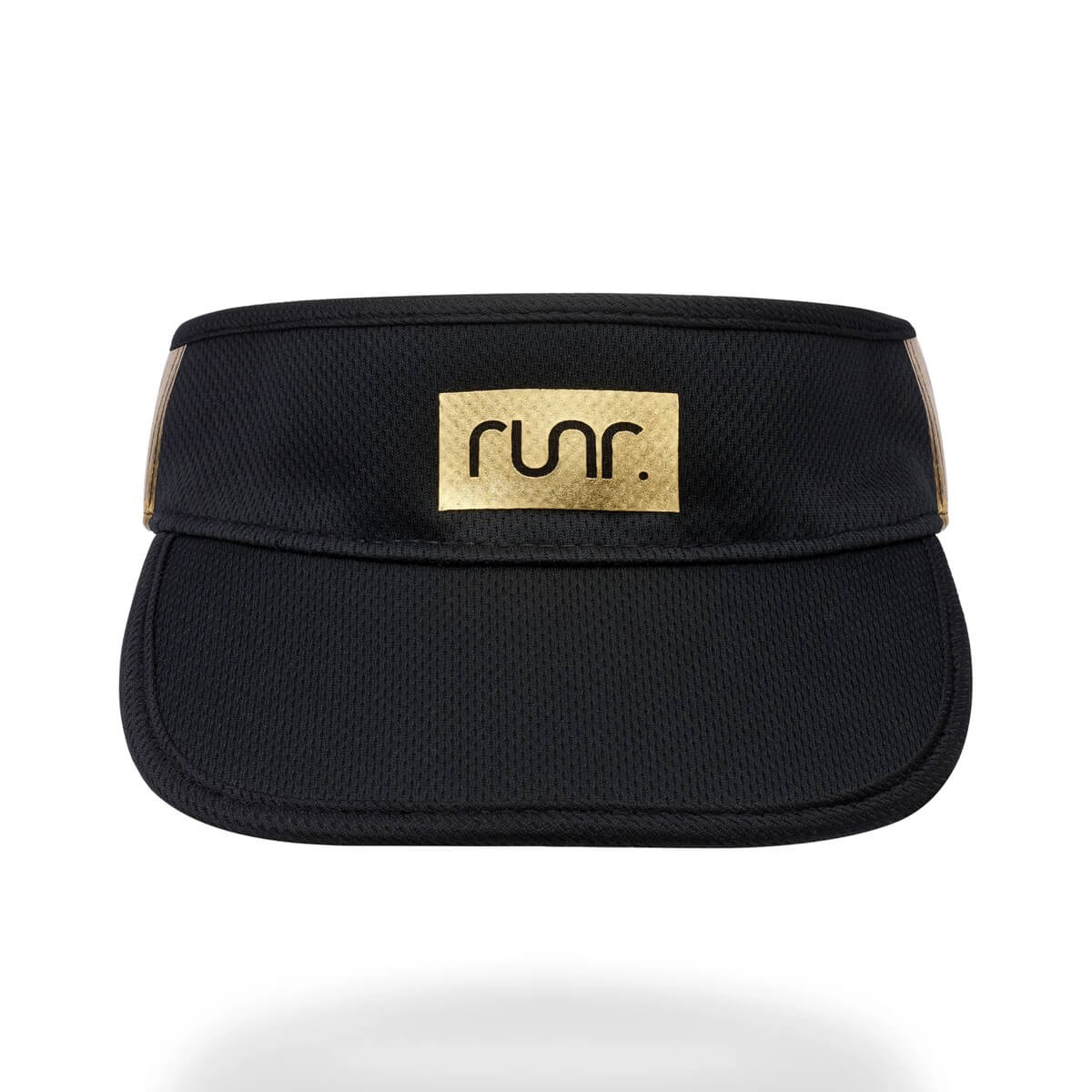 Black technical running visor featuring a gold logo on the front, made from breathable material with a curved brim for sun protection.