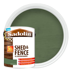 Sadolin Shed & Fence Protector in Green Forest color, 5L tin, featuring a textured finish and a label highlighting its all-weather barrier properties.