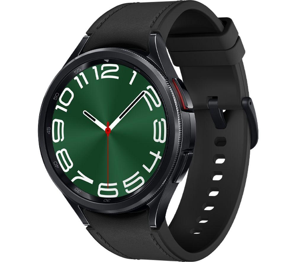 Samsung Galaxy Watch6 Classic in black with a 1.5" OLED touchscreen, featuring a green dial, bold white numbers, and a black silicone strap, equipped with Wi-Fi and GPS.