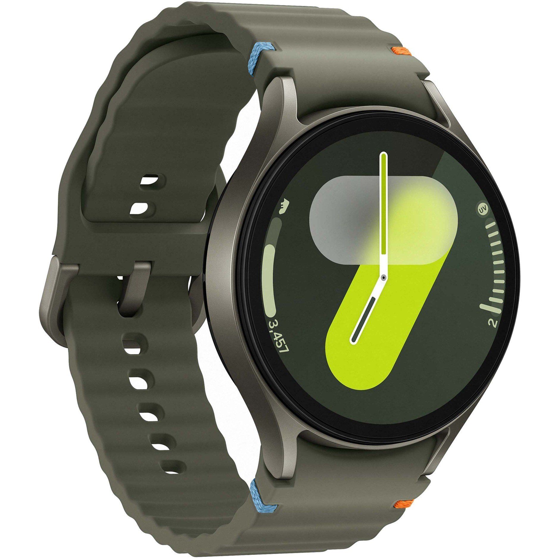 Samsung Galaxy Watch7 features a 1.5" AMOLED display with a green silicone strap, a round metal case, and vibrant digital interface showcasing time and fitness metrics.