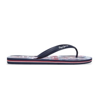 Navy blue flip-flop sandals with a textured footbed, featuring a white Pepe Jeans logo and a red and white striped sole.