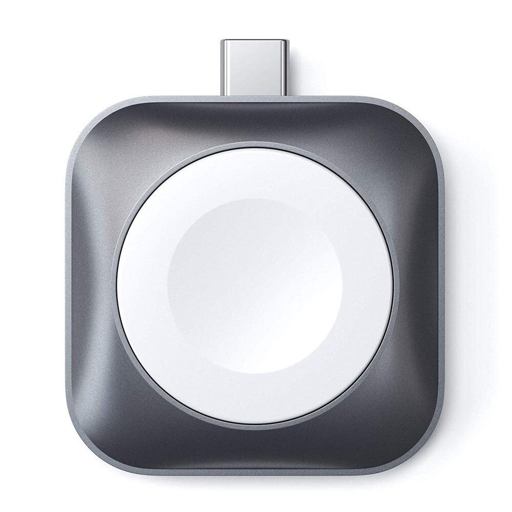 Black charging stand with a sleek, rounded design, featuring a white circular charging pad and a USB-C connector for smart wearable accessories.