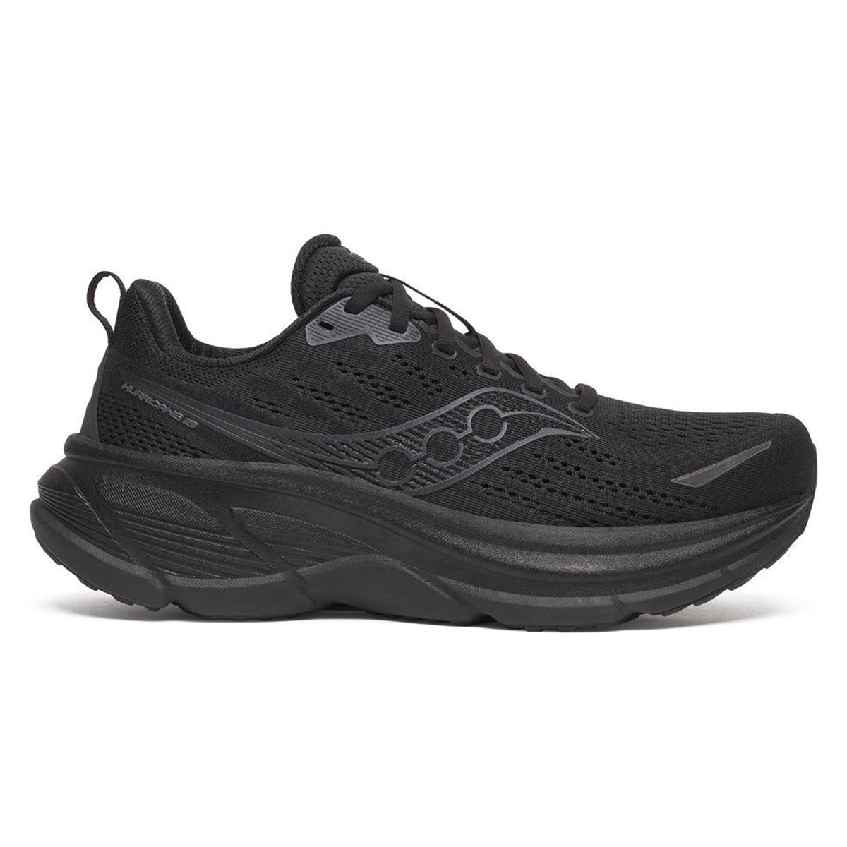 Men's Saucony Hurricane 25 trainers in triple black, featuring a breathable mesh upper, cushioned sole, and reflective detailing for visibility.