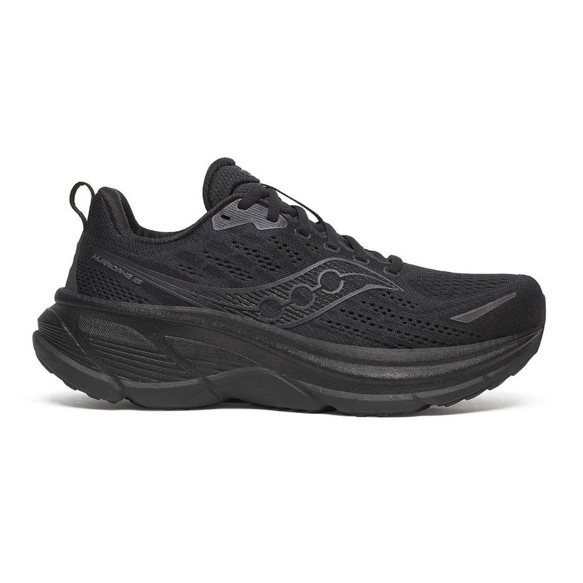 Black Saucony Hurricane 25 road running shoes feature a breathable mesh upper, cushioned sole, and a sleek design with subtle branding and reflective accents.