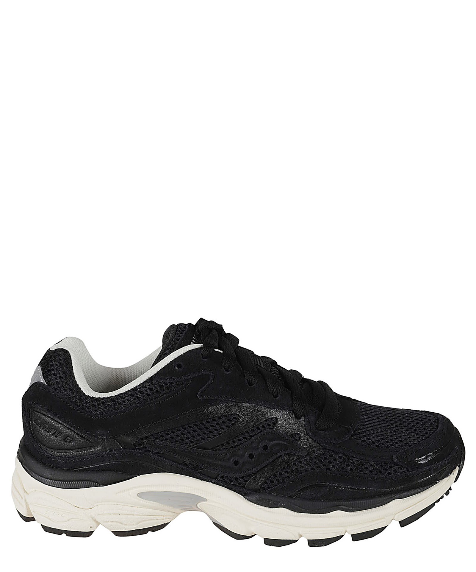 Black Saucony Progrid Omni 9 sneakers featuring a mesh upper, cushioned sole, and white accents, designed for comfort and stability in running.