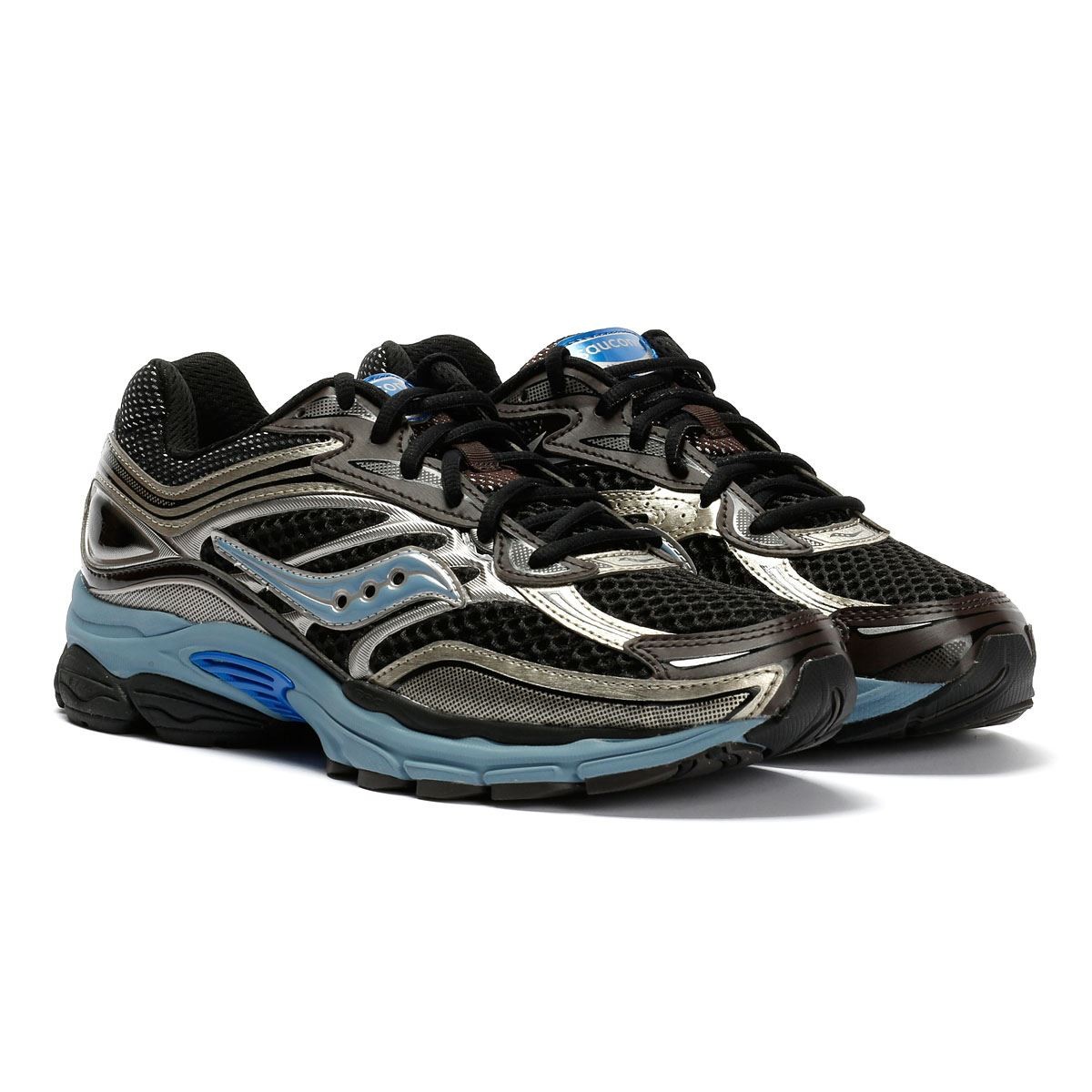Black and silver mesh trainers with a blue accent, featuring a cushioned sole and a sleek design, ideal for running and athletic activities.