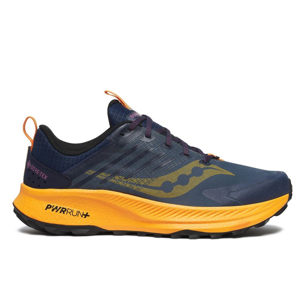 Navy and orange Saucony Ride TR2 GTX men's running shoes featuring a breathable upper, textured overlays, and a rugged outsole, size 6.5.