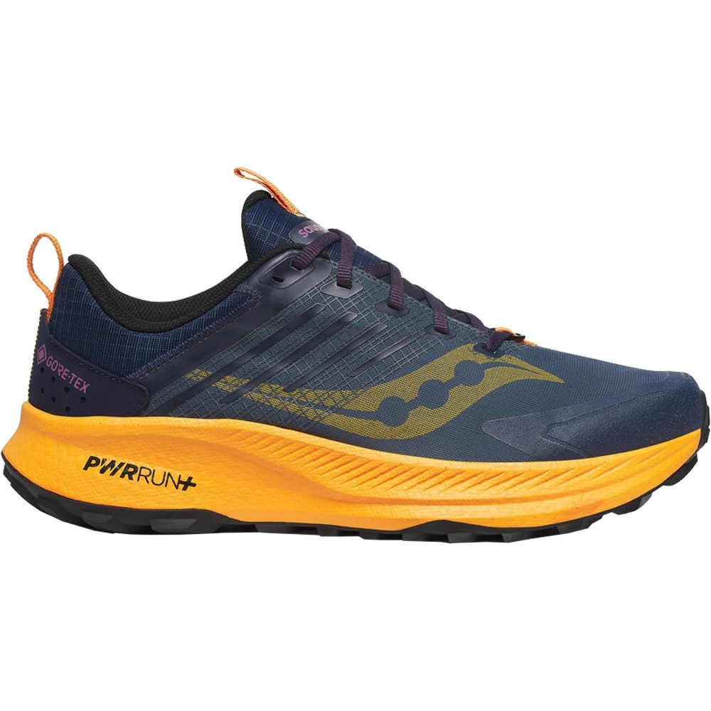Navy and orange Saucony Ride TR2 GTX men's running shoes featuring a breathable upper, Gore-Tex material, and PWRRUN+ cushioning, size 7.