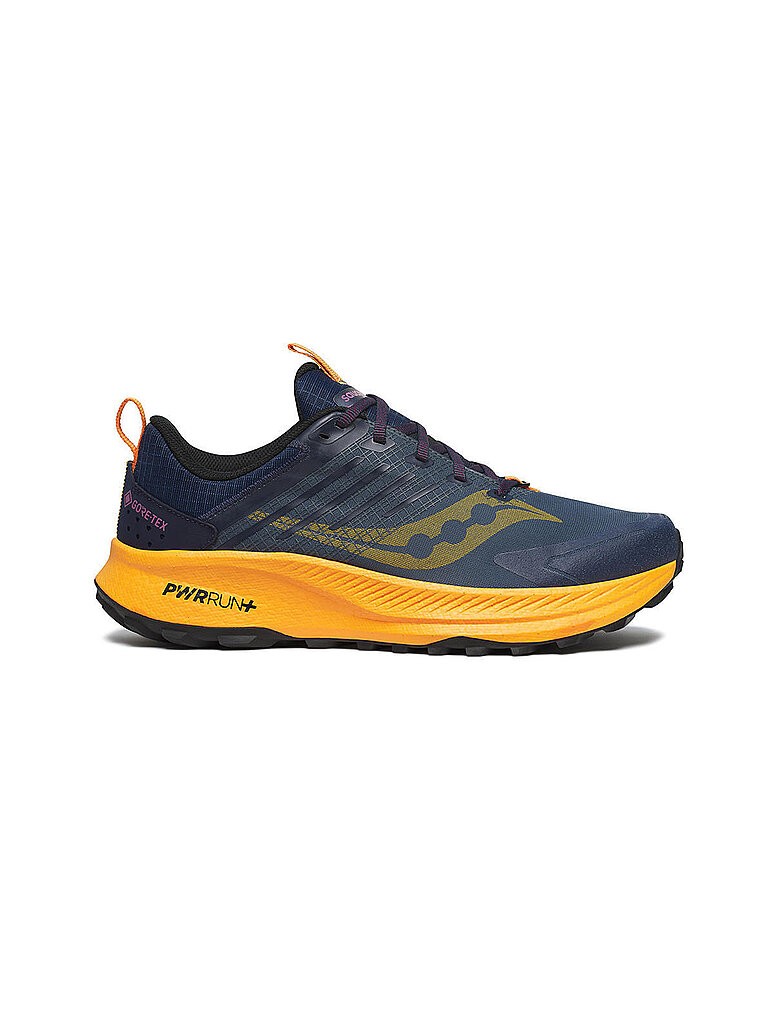 Navy and orange men's running shoe featuring a breathable upper, cushioned sole, and rugged outsole, designed for trail running with Gore-Tex waterproofing.