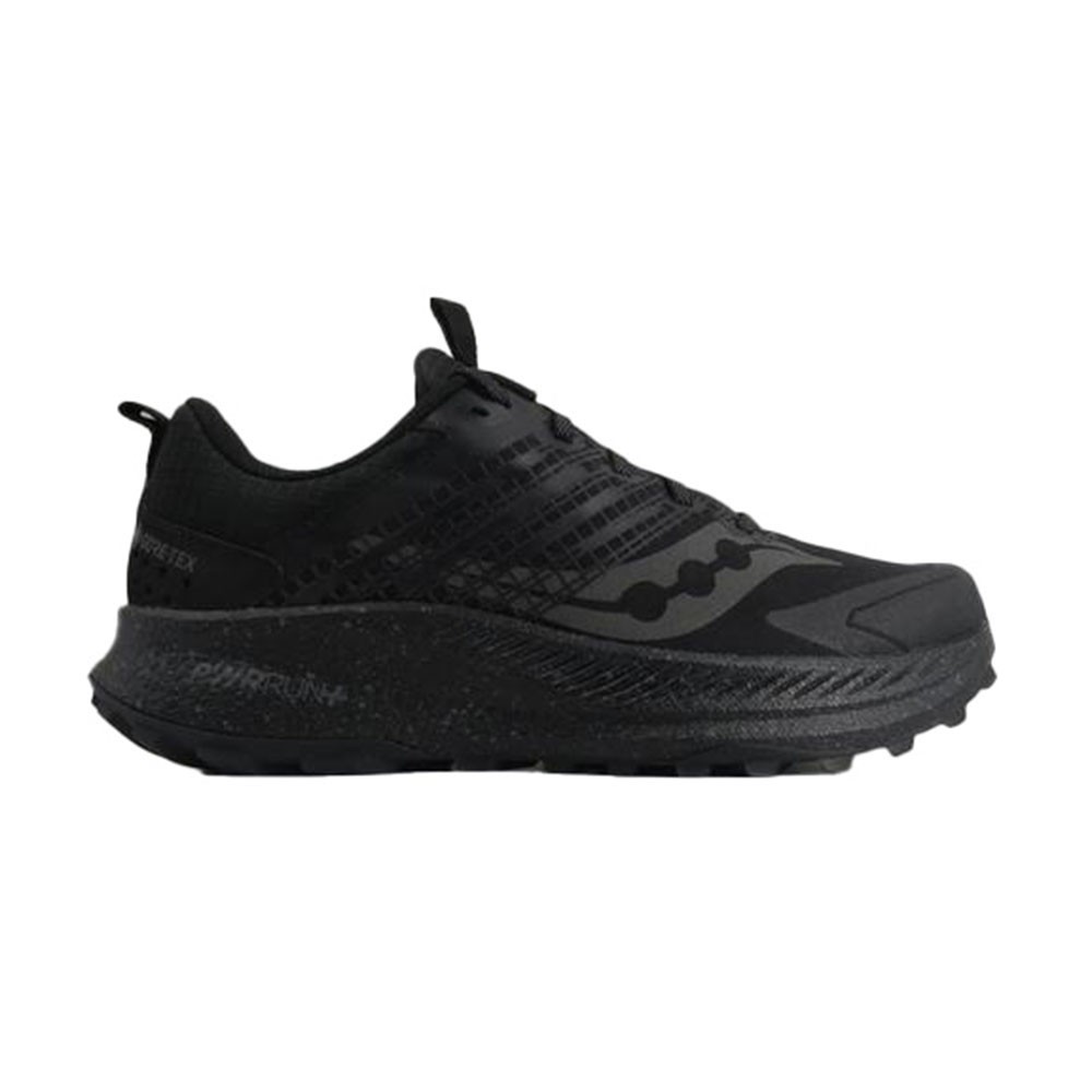 Black running shoes with a textured upper, featuring a Gore-Tex lining, cushioned sole, and a rugged outsole for enhanced traction.