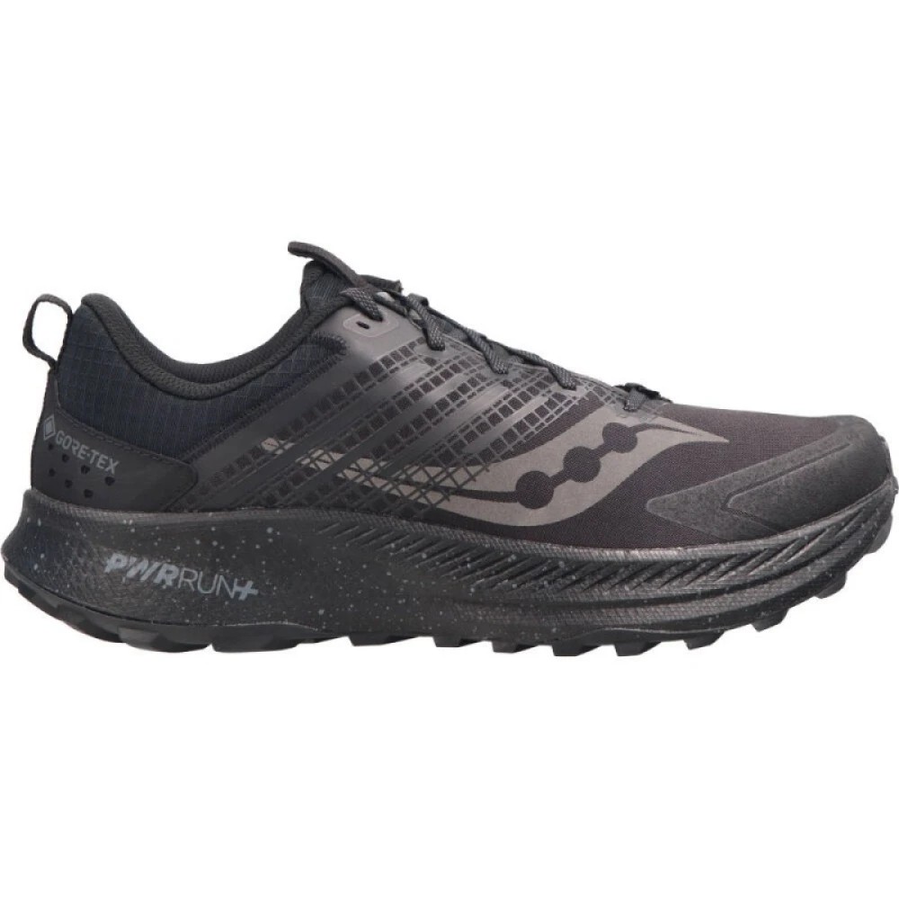 Black running shoes with a sleek design, featuring a Gore-Tex upper for waterproofing, a textured sole for grip, and reflective accents for visibility.