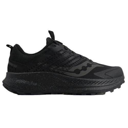 Black women's running shoes with a sleek design, featuring a Gore-Tex upper for waterproofing, textured outsole for traction, and reflective detailing for visibility.