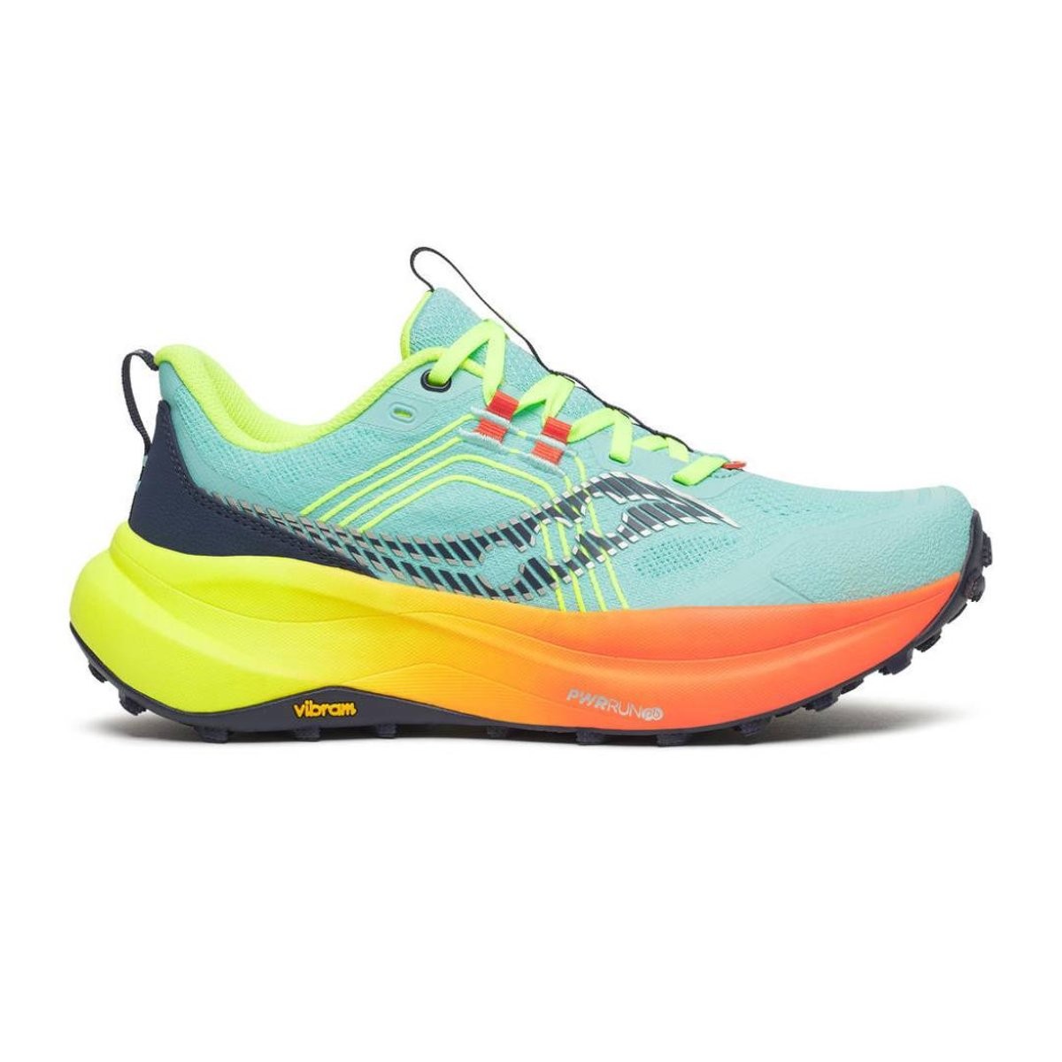 Light blue and neon yellow women's running shoes with a vibrant orange and black sole, featuring a breathable mesh upper and rugged Vibram outsole for traction.
