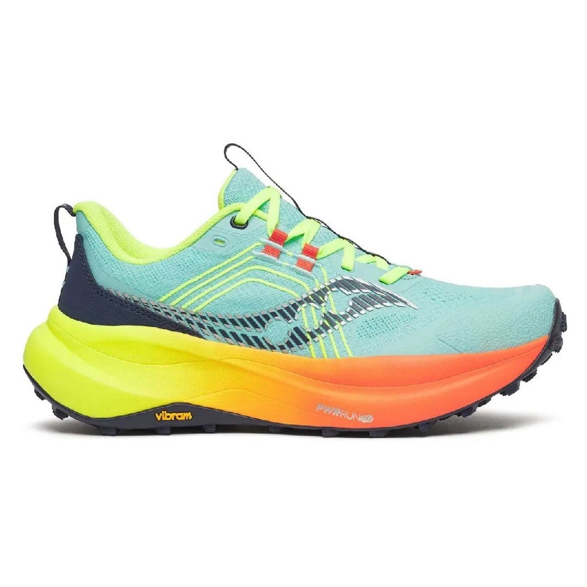 Light blue and neon green women's running shoes with a textured upper, featuring black and orange accents, a cushioned sole, and a Vibram outsole for traction.