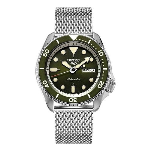 Green dial watch with luminous markers, stainless steel mesh band, rotating bezel, and date display, featuring a robust design suitable for sports and water activities.