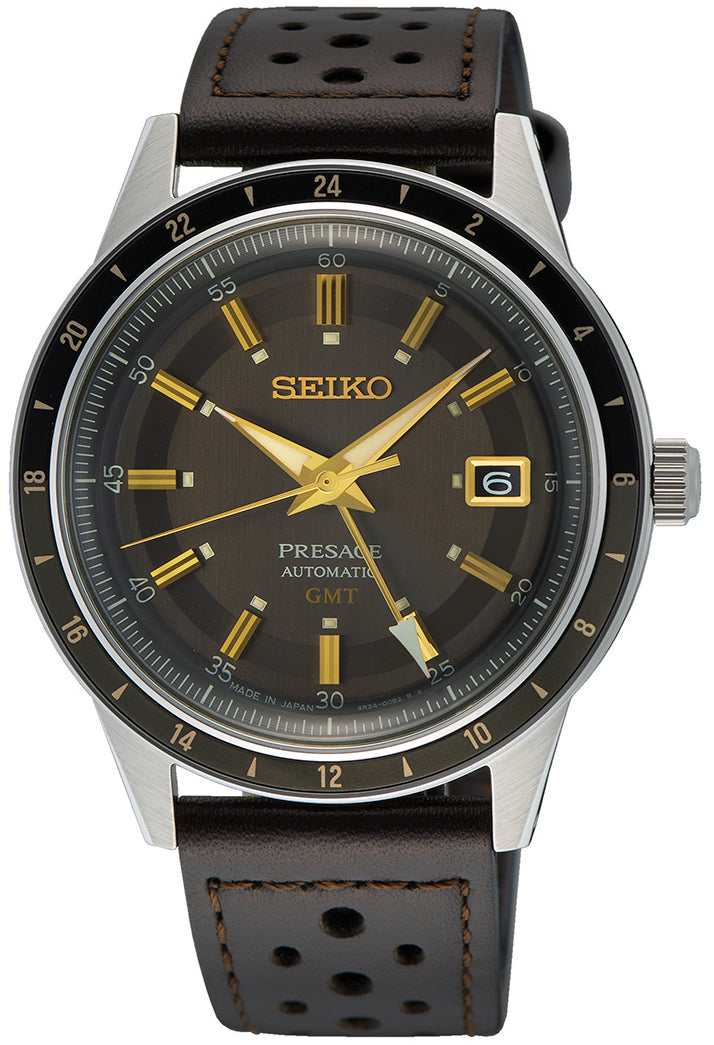 Seiko Presage Style 60s GMT watch features a brown fume dial, gold-tone hour markers, a date window at 3 o'clock, and a stainless steel case with a brown leather strap.