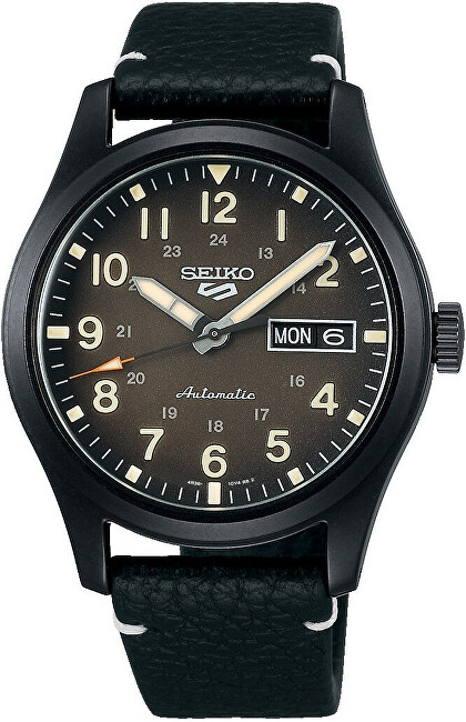 Refurbished Seiko 5 Sports watch featuring a brown dial, luminous hour markers, black leather strap, automatic movement, and a date display with 100M water resistance.