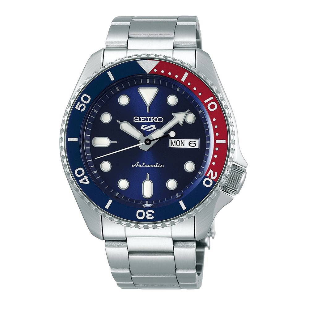 Seiko 5 Sports SRPD53K1 men's automatic watch features a 42.5mm stainless steel case, blue dial, Pepsi bezel with red and blue accents, and a day-date display.