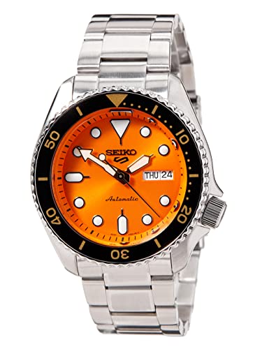 Seiko 5 Sports SRPD59K1 men's automatic watch featuring a vibrant orange dial, stainless steel bracelet, black bezel, and day-date display at 3 o'clock.
