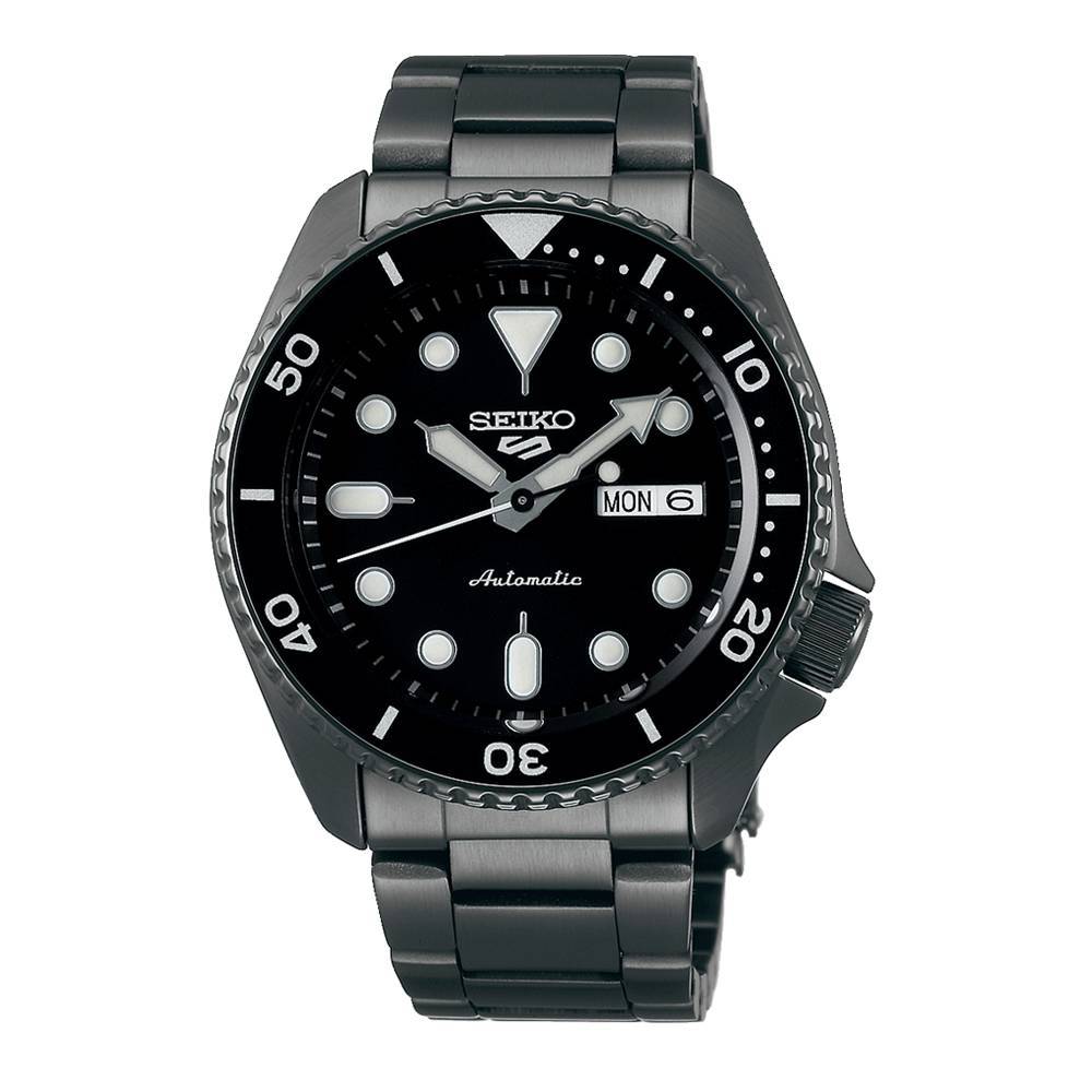 Seiko 5 Sports SRPD65K1 men's automatic watch featuring a 42.5mm black dial, gunmetal steel bracelet, luminous markers, and a day-date display.